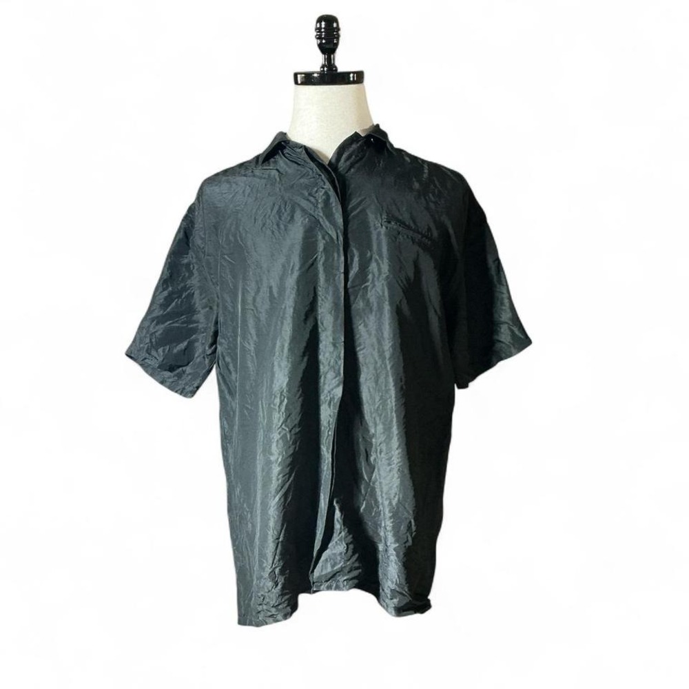 VTG 2567 Silk Short Sleeve Collared Button Up Shirt Black Women's Size M